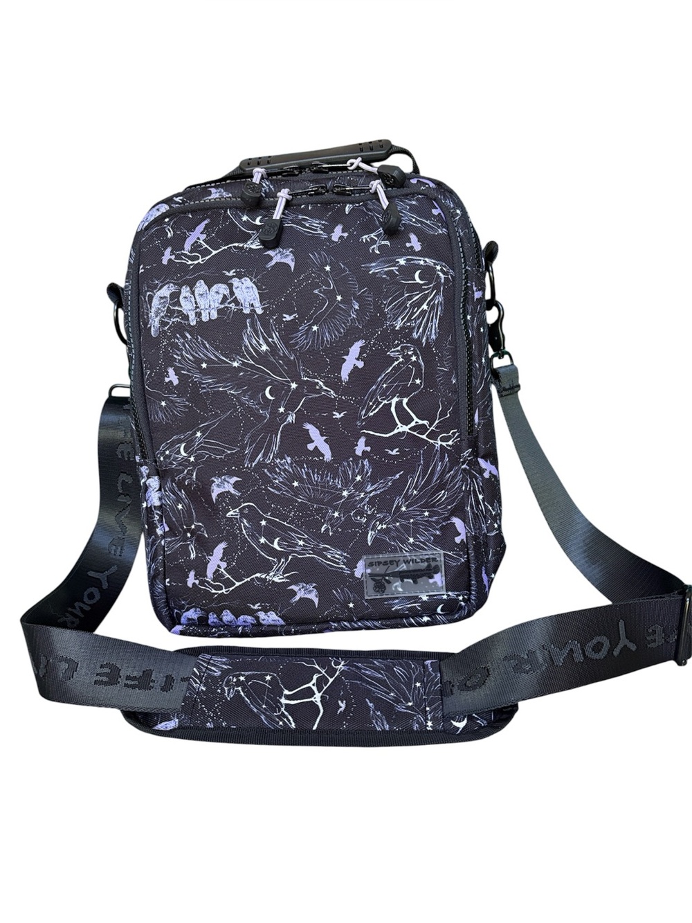 NWOT Sipsey Wilder Mystic Murder Tablet Crossbody, Black/Lavender Crow Print